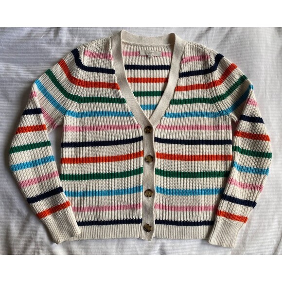 Ann Taylor Loft Rainbow Striped Cardigan Sweater. Staud Style Cotton Blend LARGE - Picture 2 of 9